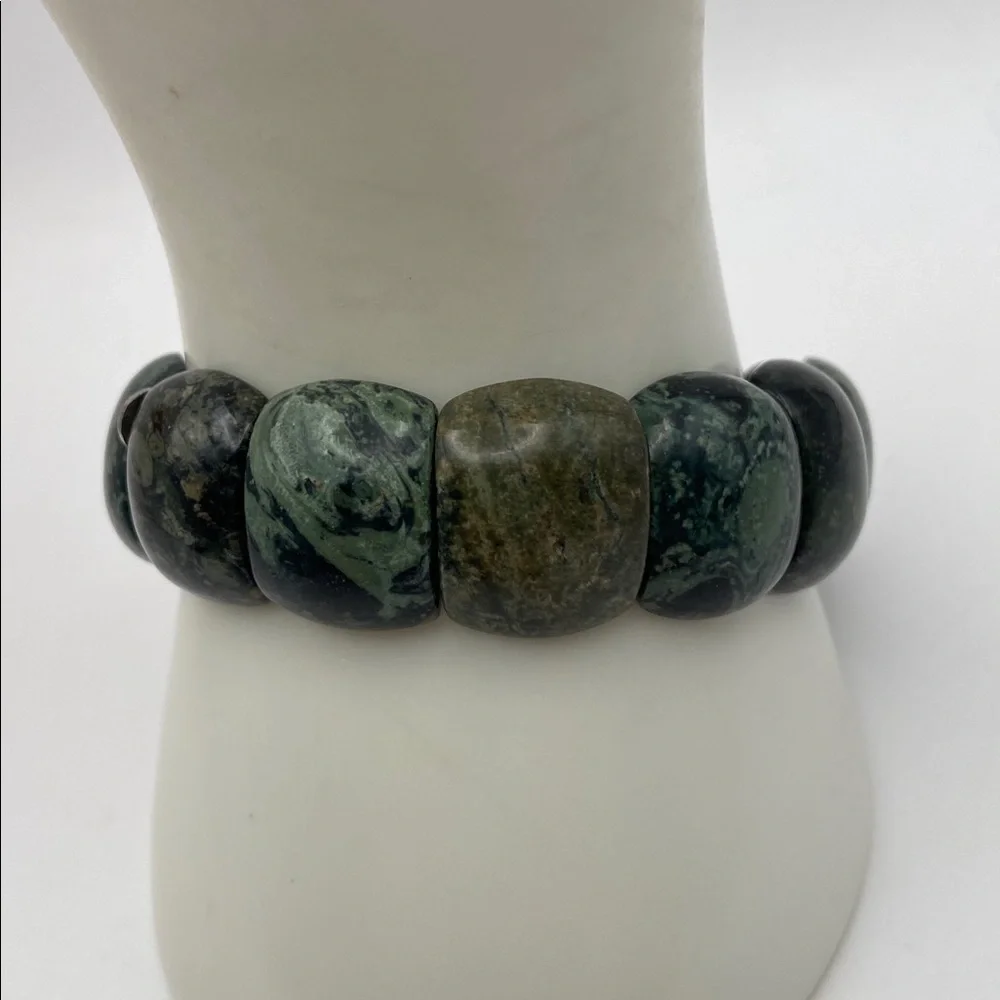 Hand Crafted Gemstone Cabochon Stretch Bangle Bracelet Green Jasper M/L